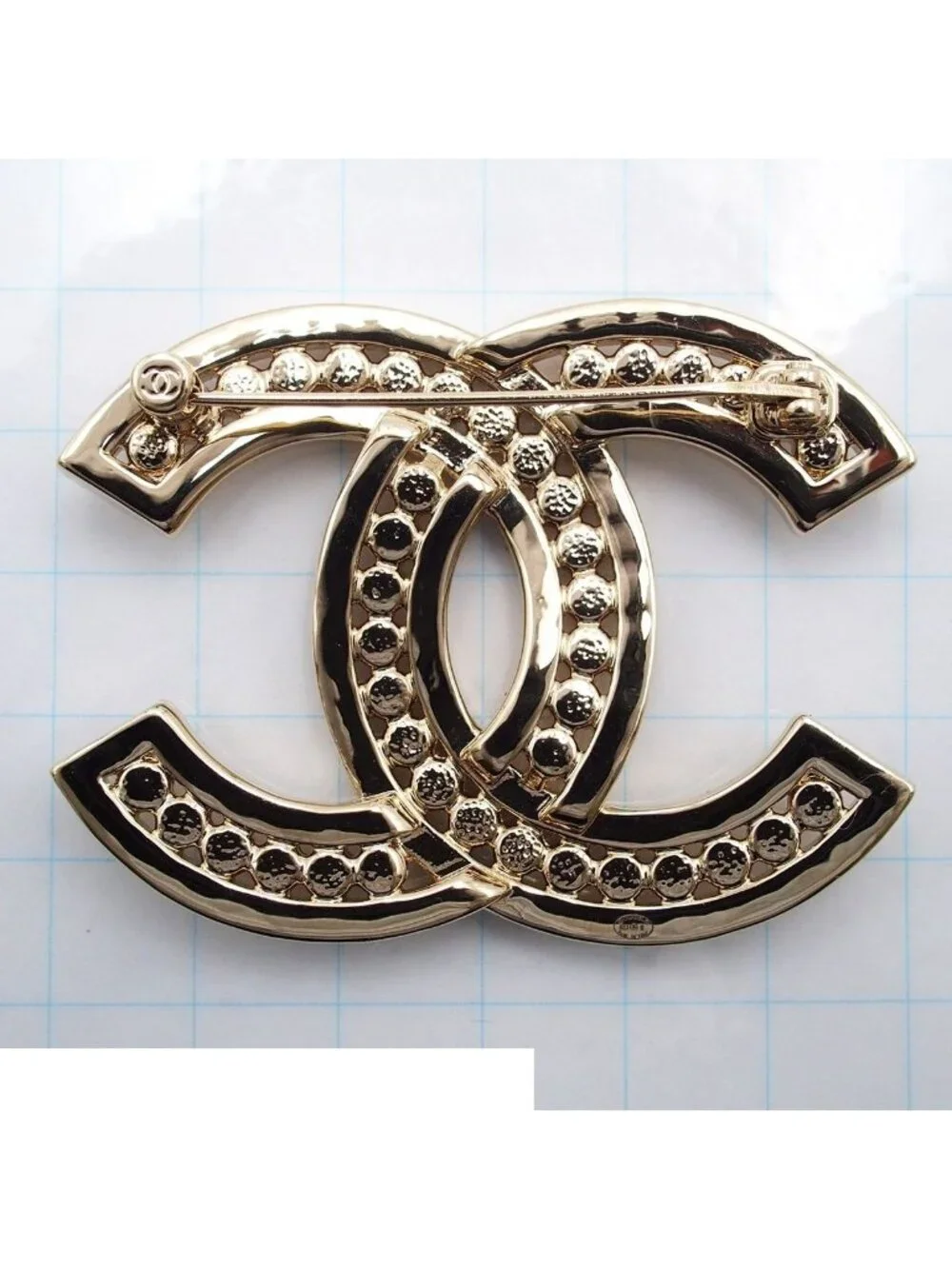 Chanel Brooch Light Gold Metal CC Logo Rhinestone Costume 23k